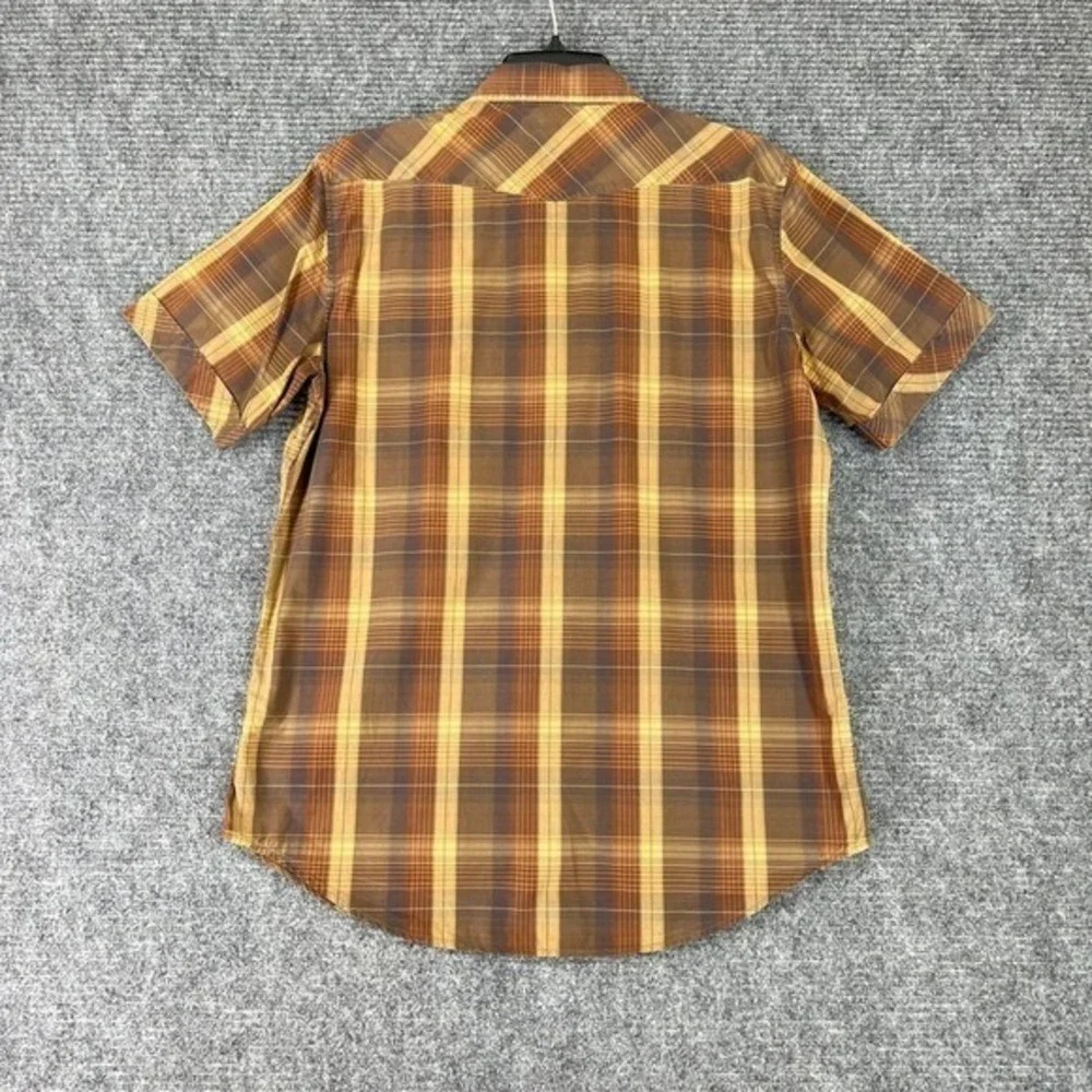 Banana Republic Western Shirt Mens M Brown Plaid Pearl Snap Short Sleeve Classic